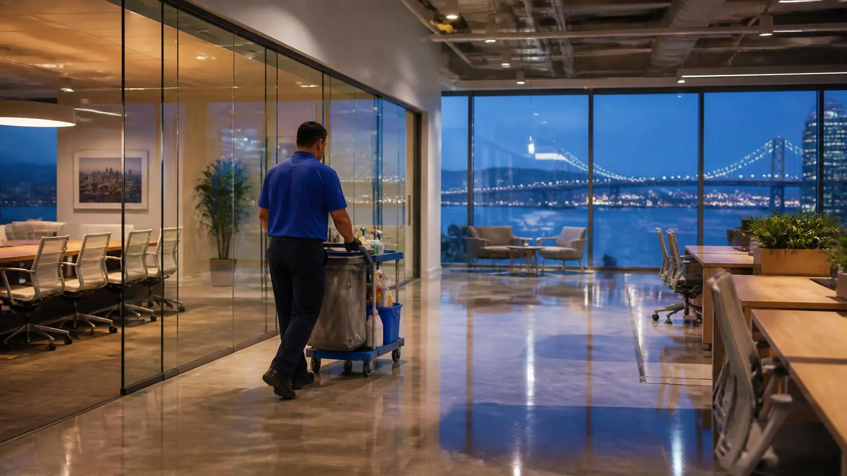 C&A technician cleaning a San Francisco office at night with the Bay Bridge in view